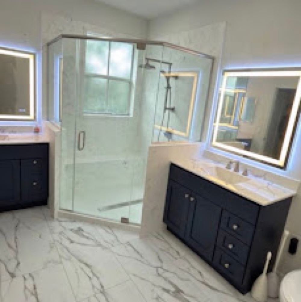 Waterproof marble-look luxury vinyl tile in a bathroom