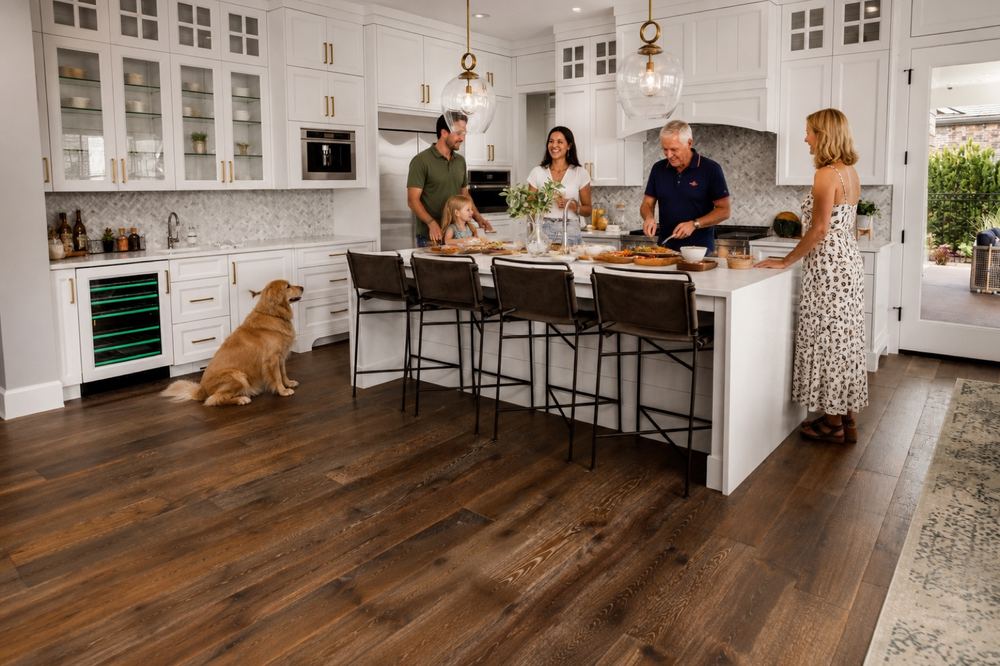 Family in a kitchen with luxury vinyl plank flooring